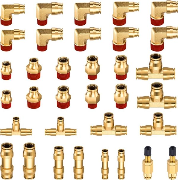 34 Pcs Brass Dot Air Brake Line Fittings Assortment, 1/4" 3/8" 1/2" Dot Push To Connect Air Fittings Kit With 1/4" Schrader Valve Dot Air Line Fittings Air Brake Fittings For Trucks Or Industrial